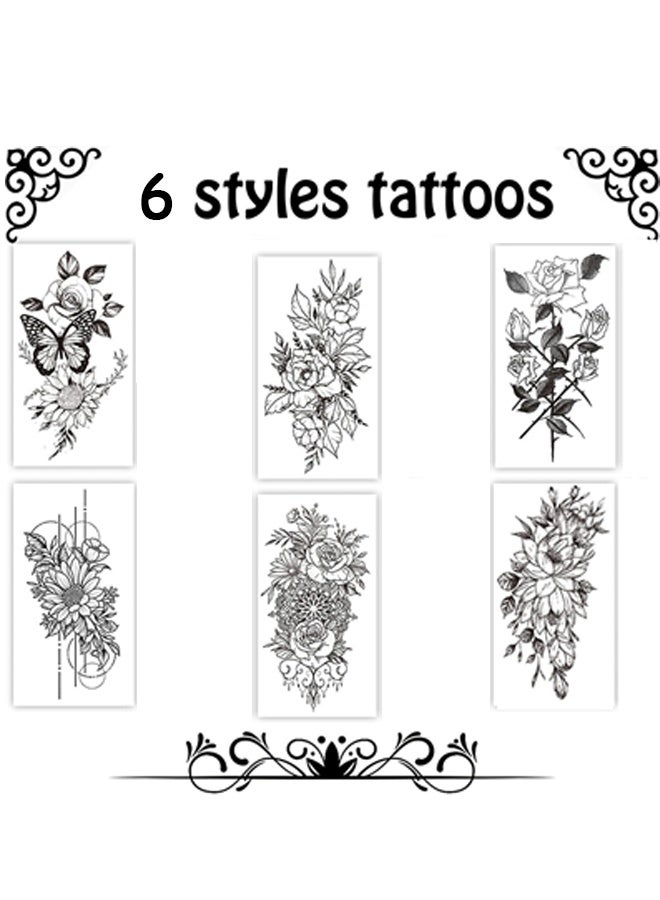 ·6 قطع من ملصقات الوشم المؤقت - وشم على شكل زهرة وهمية وشم شبه دائم على شكل نصف ذراع، وشم مزيف مقاوم للماء للنساء البالغات والبنات على الكتف والذراع والساق والظهر - Image 3